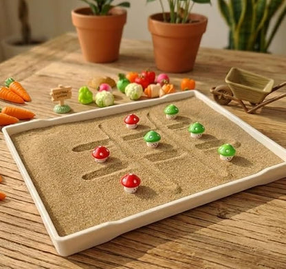 Zen Garden for Desk, Vegetable Sand Tray Kit with Miniatures | Create and rearrange a miniature harvest scene with fine sand, garden figures, tools, and mushroom tic-tac-toe pieces