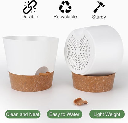 YNNICO 10 inch Plant Pots, Self-Watering Planters with Drainage Holes & Saucers for Indoor and Outdoor Plants (2-Pack,White