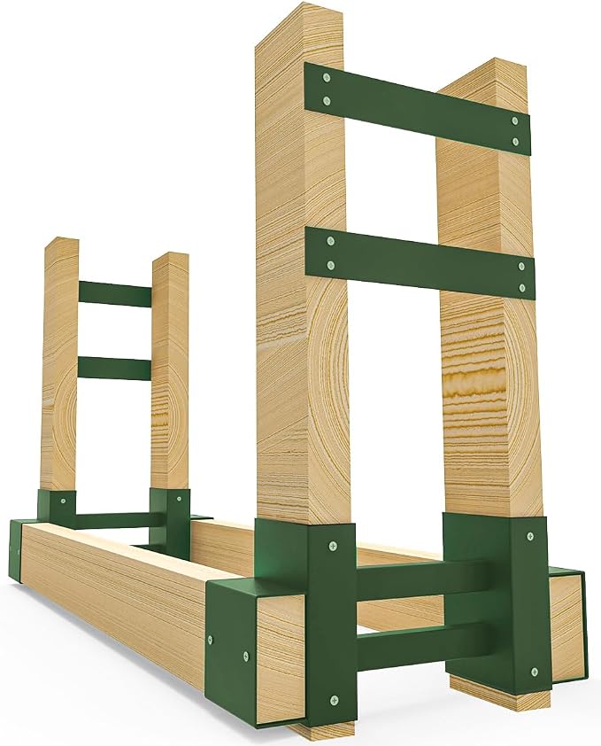 Outdoor Firewood Rack Bracket Kit with 4 Support Bars for Fire Wood Pile Storage, Heavy Duty DIY Fireplace Log Stacking Stand Holder for 2x4 lumber, Green, 1 Pair