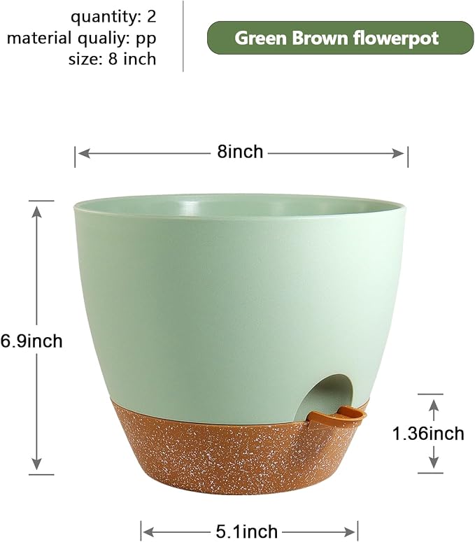 WSMKSZ 8 inch Self Watering Pots, 2 Pack Plastic Planters with Mesh Drainage Holes for Garden Plants and Flower, Plants Pots with Deep Reservoir for Indoor Outdoor Plants, Green with Brown