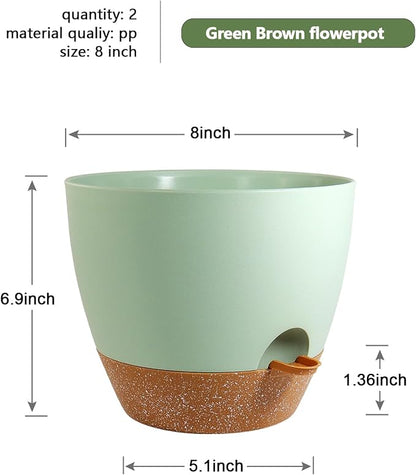 WSMKSZ 8 inch Self Watering Pots, 2 Pack Plastic Planters with Mesh Drainage Holes for Garden Plants and Flower, Plants Pots with Deep Reservoir for Indoor Outdoor Plants, Green with Brown