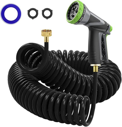 Coil Hose,3/8" EVA Coil Garden Hose 50 FT,Curly Water Hose Lightweight with Brass Connectors,Recoil Garden Hose Includes 8-Pattern Spray Nozzle for Boat, Yard, Patio, Green
