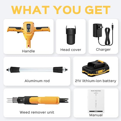 Weed Puller Tool, 21V Powerful Electric Weeder Tool with 2.0Ah Battery and Charger, Garden Tools Weed Remover Tool with 3-Claw Steel Head for Smooth Weeding, Ideal Gifts for Men Women Mom Dad, Yellow