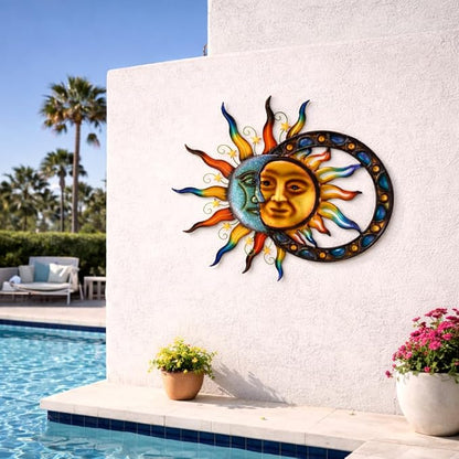 Glitzhome Sun and Moon Wall Decor, 33.5 Inch Celestial Metal Wall Art with Glossy Color Finish and Antique Details, Outdoor Sun and Moon Decor for Garden Porch Patio Home