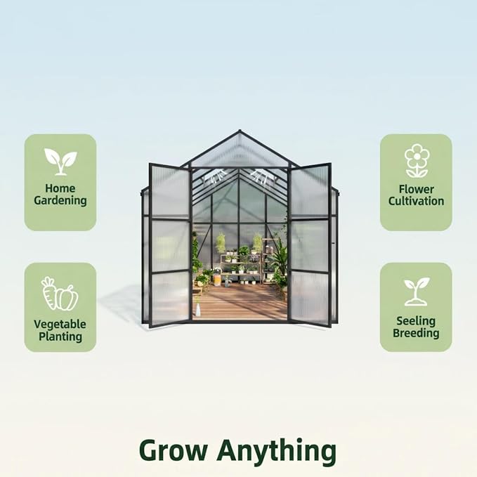 8x12 FT Greenhouse, Walk-in Outdoor Heavy Duty Polycarbonate Greenhouse with Raised Base & Anchor, Aluminum Frame, High Headroom & Drainage System for Backyard All Season Growing, Black