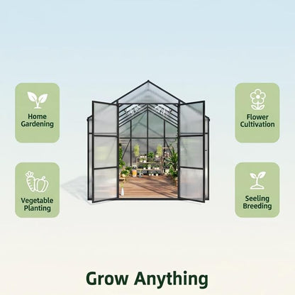 8x12 FT Greenhouse, Walk-in Outdoor Heavy Duty Polycarbonate Greenhouse with Raised Base & Anchor, Aluminum Frame, High Headroom & Drainage System for Backyard All Season Growing, Black