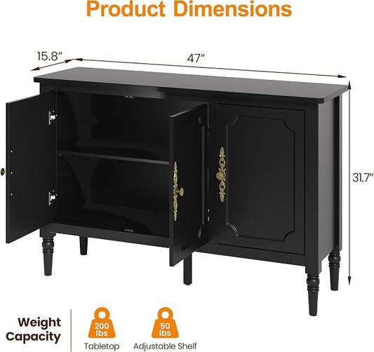RoyalCraft Buffet Sideboard Cabinet with 3 Doors, Wooden Coffee Bar Credenza with Adjustable Shelves, Vintage Storage Cabinet for Kitchen Dining Entryway Living Room, Black