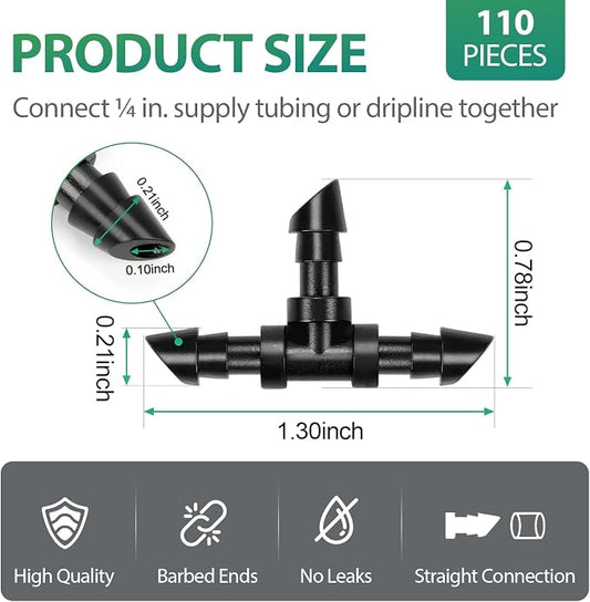 RedChili 110 Pack Drip Irrigation Universal 1/4" Barbed Tee Fitting, Drip System Parts Double Barbed T Connectors Fits 1/4-Inch Drip Tubing Irrigation for Drip Line Connection