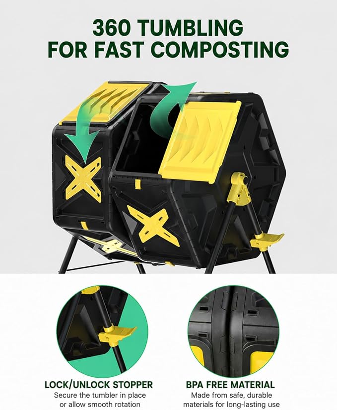 Compost Bin Outdoor - 2 X 18.5 Gal Dual Chamber Compost Tumbler, Outdoor Rotating Composter with Easy-Turn, Fast-Working System