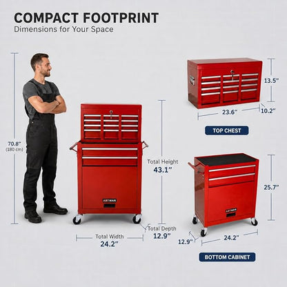 8-Drawer Tool Chest, Detachable Top Box for Garage,Red | Rolling Mobile Storage Cabinet Organizer with Lockable Wheels for Workshop Utility, Heavy Duty Metal Construction