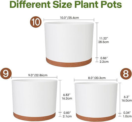 GARDIFE 10/9/8 Inch Modern Cylinder Planter, Plant Pots for Indoor Outdoor Plants, Flower Pots with Drainage Holes and Saucers for Garden Succulent Nursery House Plants (White-Brown)