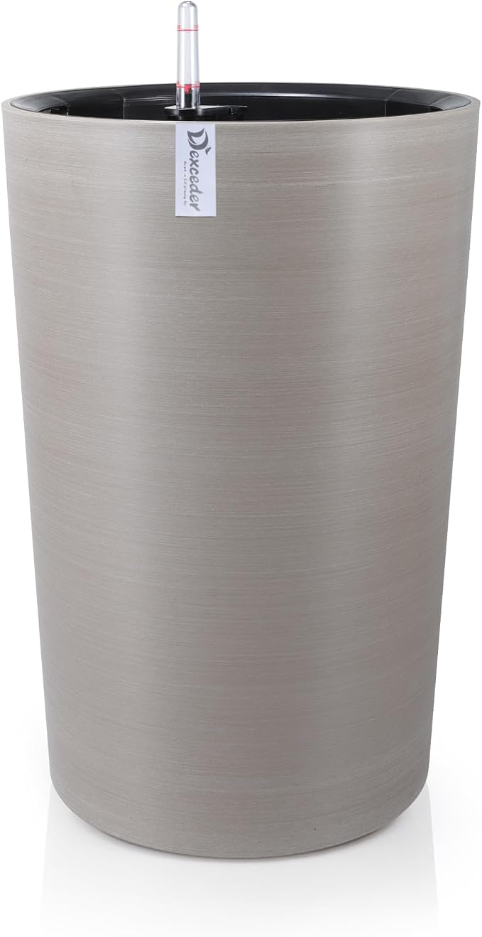 Dexceder 16x12 Self Watering Tall Planter (Coffee, Wire Drawing) | High Cylinder, Thickened Large Floor Standing Flower Plant Pot with Water Level Indicator Indoor Outdoor