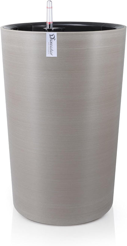 Dexceder 16x12 Self Watering Tall Planter (Coffee, Wire Drawing) | High Cylinder, Thickened Large Floor Standing Flower Plant Pot with Water Level Indicator Indoor Outdoor