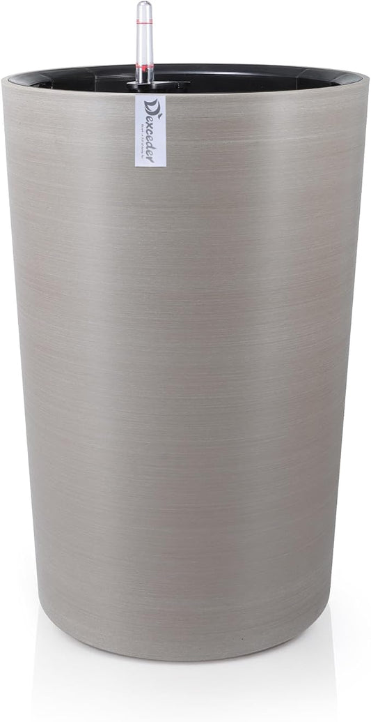 Dexceder 16x12 Self Watering Tall Planter (Coffee, Wire Drawing) | High Cylinder, Thickened Large Floor Standing Flower Plant Pot with Water Level Indicator Indoor Outdoor