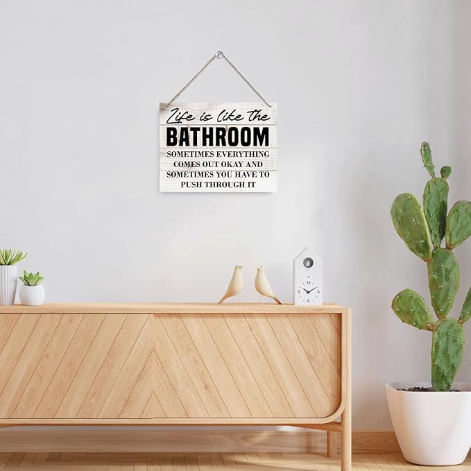 Funny Bathroom Decor - Life is Like the Bathroom, Decorative Wood Wall Sign, Funny Wooden Hanging Wall Sign, Rustic Wood Decor for Home Restaurant or Business 7.9 x 10.2 Inches