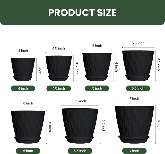 Plant Pots, Plastic Flower Pots for Indoor & Outdoor Plants, Planters with Drainage Holes and Saucer, Garden Pot for Plants (Black 7/6.5/6/5.5/5/4.5/4 inch)
