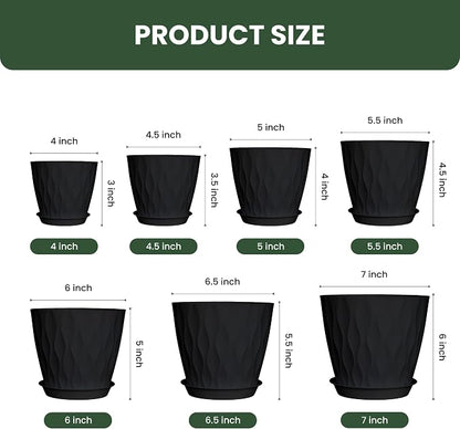 Plant Pots, Plastic Flower Pots for Indoor & Outdoor Plants, Planters with Drainage Holes and Saucer, Garden Pot for Plants (Black 7/6.5/6/5.5/5/4.5/4 inch)