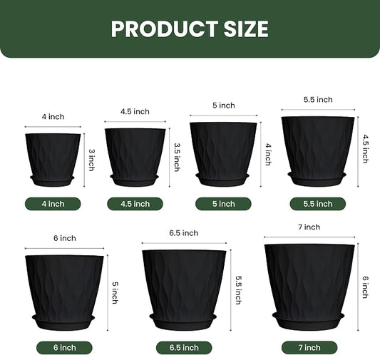 Plant Pots, Plastic Flower Pots for Indoor & Outdoor Plants, Planters with Drainage Holes and Saucer, Garden Pot for Plants (Black 7/6.5/6/5.5/5/4.5/4 inch)