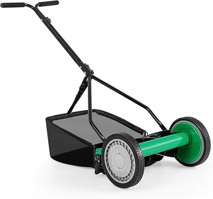 IRONMAX Lawn Mower, 14 Inch Push Reel Lawn Mower with 5 Steel Blades, Adjustable Cutting Heights, Grass Catcher Bag, Walk-Behind Manual Lawnmower for Garden Park Yard, No Motor (Green, 14 Inch)