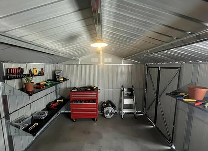 KEIKI 12x10 Ft Metal Outdoor Storage Shed Garden with Window, Foldable Worktable & Shelves, Lockable Door, Waterproof Apex Roof Heavy Duty Tool House for Backyard Garden Lawn, White Black