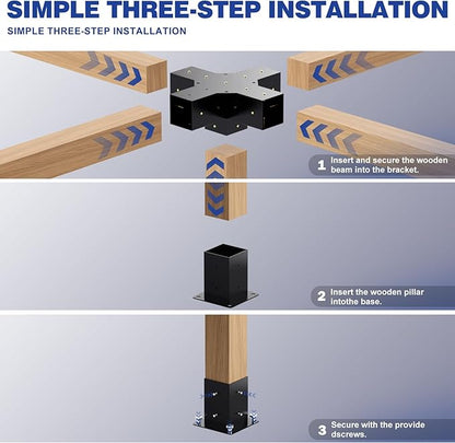 Pergola Kit - 5-Way Right Angle Corner Bracket Woodworks DIY Post Base Kit for Gazebos, Patio, Log Cabin Outdoor Hardware - Wooden Beams for 4x4 Lumber