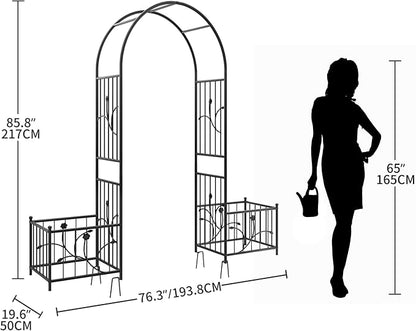 76" W x 86" H Black Metal Garden Arbor with Planter Boxes | Wedding Archway for Climbing Plants and Outdoor Ceremonies, Ideal for Lawn, Patio, Garden, or Backyard Decor
