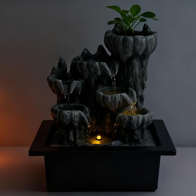 Indoor Cave Rock Waterfall Fountain with Warm Light,Tabletop Fountain with Planter Niche, Zen Water Feature for Home Office Desk Decor