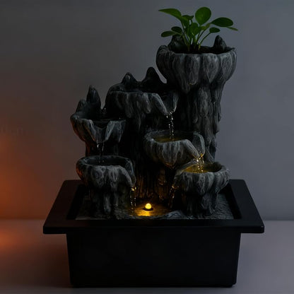 Indoor Cave Rock Waterfall Fountain with Warm Light,Tabletop Fountain with Planter Niche, Zen Water Feature for Home Office Desk Decor