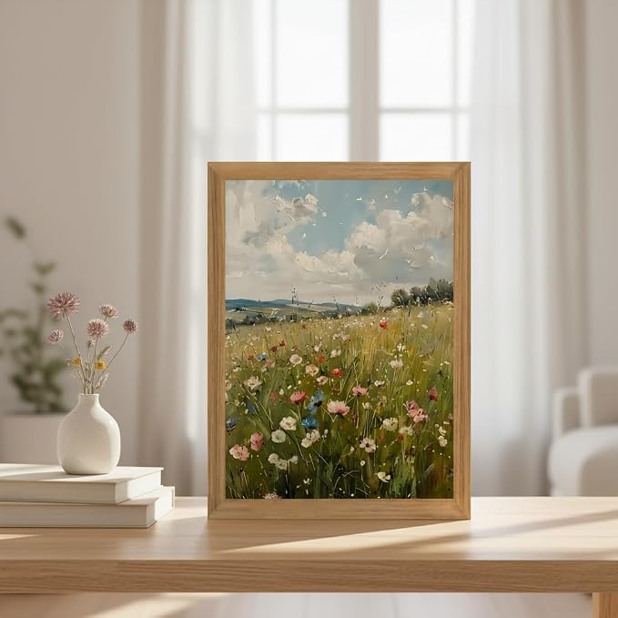 Wildflower Wall Art Framed Botanical Flower Meadow Canvas Print, Vintage Floral Landscape Canvas, Nature Wall Decor with Wood Frame for Bedroom Living Room Cottage Home Decor 16x24 Inch
