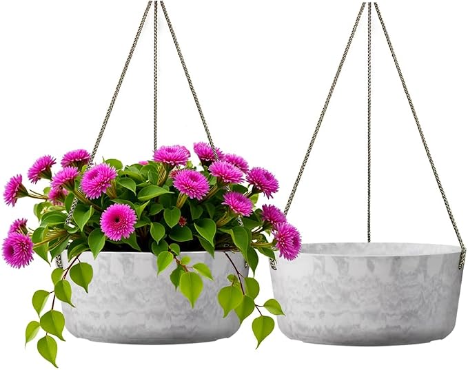 Asnext 10.7 Inch Hanging Planter for Outdoor Indoor Plants，2 Pack Hanging Flower Pots with Drain Holes for Garden Home Decor Use (Marble)