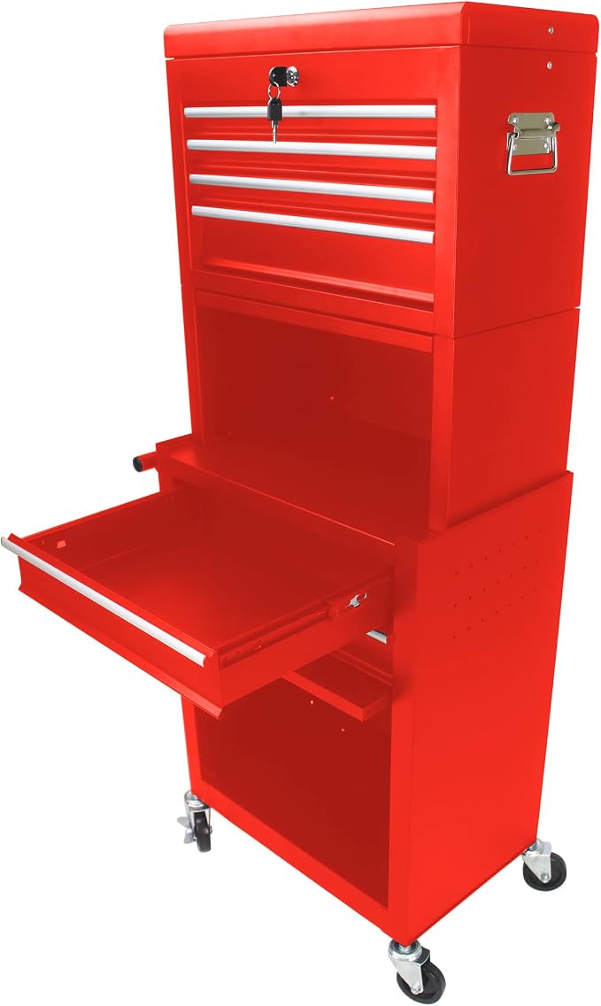 6-Drawer Tool Chest, Detachable Top Box for Garage, RED | Rolling Mobile Storage Cabinet Organizer with Lockable Wheels for Workshop Utility, Heavy Duty Metal Construction