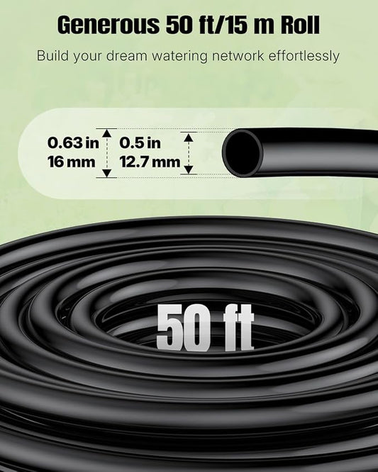 Pawfly 1/2 Inch Drip Irrigation Tubing (50 ft Roll), 1/2 Irrigation Tubing, Black Polyethylene Main Line, Blank Distribution Tubing for Drip Irrigation System, Drip Irrigation Hose for Garden Watering