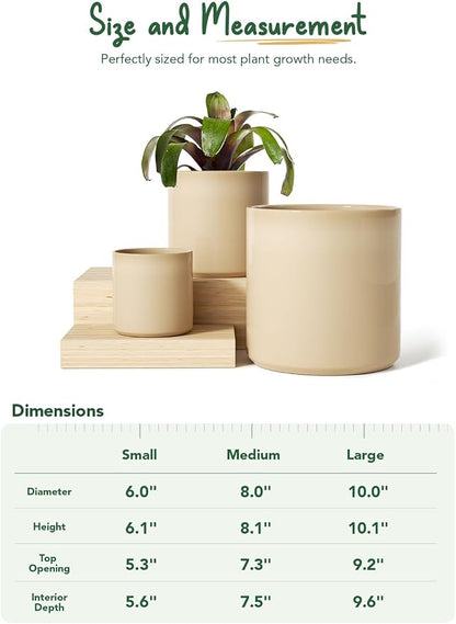 LE TAUCI 10+8+6 Inch Ceramic Pots for Plants, Indoor Planters with Drainage Hole and Plug, Modern Cylinder Flower Pots Set of 3 for Living Room and Bedroom, Glossy, Sand Beige
