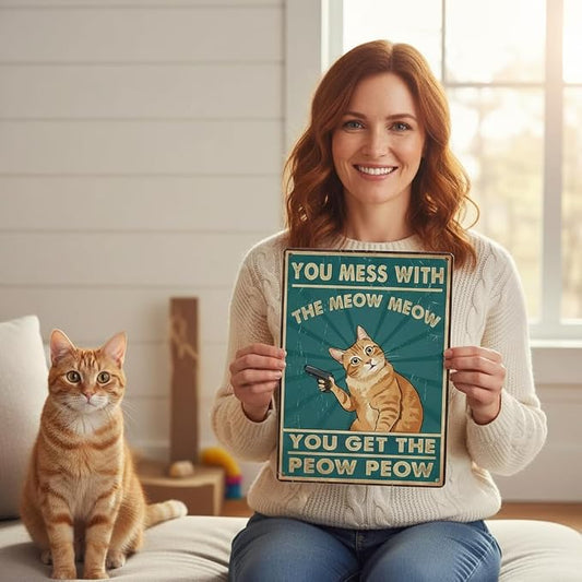 Funny Cat Sign Vintage Cat Wall Art Cat Metal Tin Signs Cat Decor Gifts For Cat Lovers Cat Posters You Mess With The Meow Meow You Get The Peow Peow Sign 8" x 12" (0.8mm Thick)