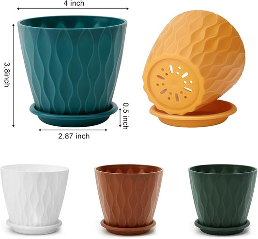 YNNICO 4 inch Plant Pots, 5 Pack Flower Pots Outdoor Indoor, Planters with Drainage Holes and Tray Saucers (Multicolor)