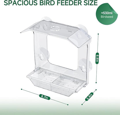 Window Bird Feeder with 4 Extra Strong Suction Cups (2.5 Inch) | Clear Bird Feeder with Dual Seed Tray, Easy to Install and Clean, Birdfeeder for Close-Up Viewing Birds, Bird Watching Gift