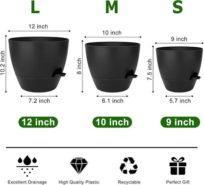 Plant Pots 12/10/9 Inch Self Watering Pots, Set of 3 Plastic Planters with Drainage Holes and Saucers,Plastic Flower Pots,Nursery Planting Pot for Indoor Out Door Plants(Pure Black)