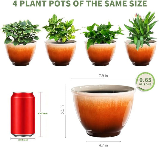 Vanslogreen 8 Inch Plant Pots with Drainage Hole, 4 Pack Plastic Flower Pots, Modern Sleek Decorative Planter for Indoor Outdoor Plants Succulent Snake (Orange)