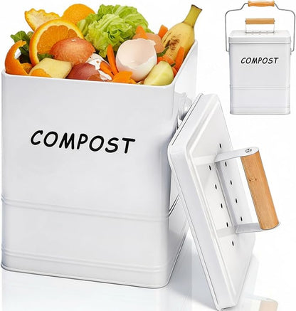 Tlence 1.7 Gallon Kitchen Compost Bin, Countertop Food Waste Pail with Handles, Odorless Composting Bucket with Carbon Filters, Indoor Small Food Scrap Composter for Trash Waste, White