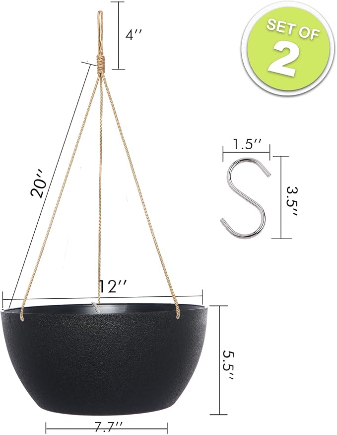 SwinDuck 12 Inch 2 Pack Large Hanging Planters for Indoor Outdoor Plants, Plastic Hanging Basket Pots for House Plants Flowers, Black
