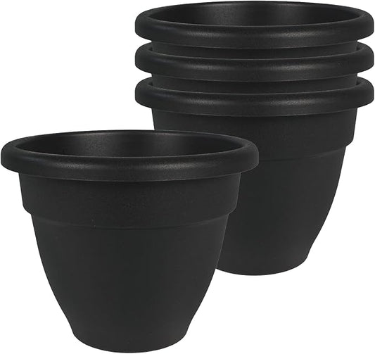 The HC Companies 6 Inch Caribbean Planter Pots with Drainage & Plug, Rolled Rim Plastic Planters for Indoor & Outdoor Plants, 4-Pack Decorative Flower Pots for Garden, Office & Home Decor, Black