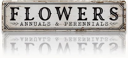 Garden Metal Tin Sign, Vintage Farmhouse Decor, Flowers Annuals and Perennials Sign, Gardening Wall Art for Yard Fence Door Porch, Indoor Outdoor Garden Decoration, 15.7 x 3.9 Inches
