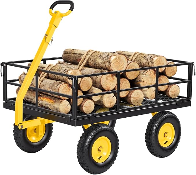 VEVOR Steel Garden Cart, 1200 lbs Heavy Duty Pullable Garden Wagon Yard Cart, 2 in 1 Outdoor Metal Utility Wagon Yard Trailer with 13" All Terrain Tires, Mesh Detachable Sides and 180° Rotating Handle