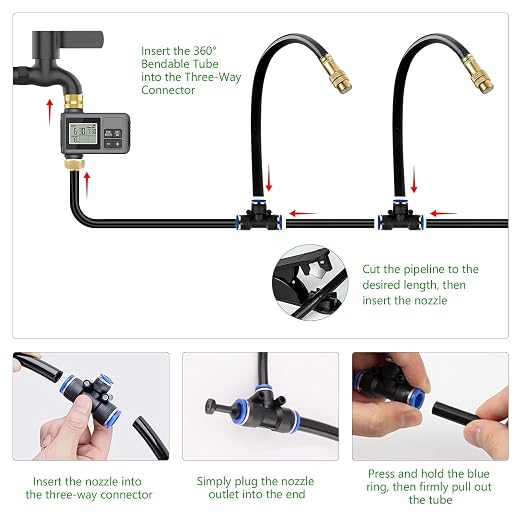 60Ft Drip Irrigation System with Smart Water Timer – Automatic Garden Watering Kit with Solid Brass Metal Connectors, 360° Adjustable Nozzles & Bendable Tubing for Garden, Greenhouse & Lawn
