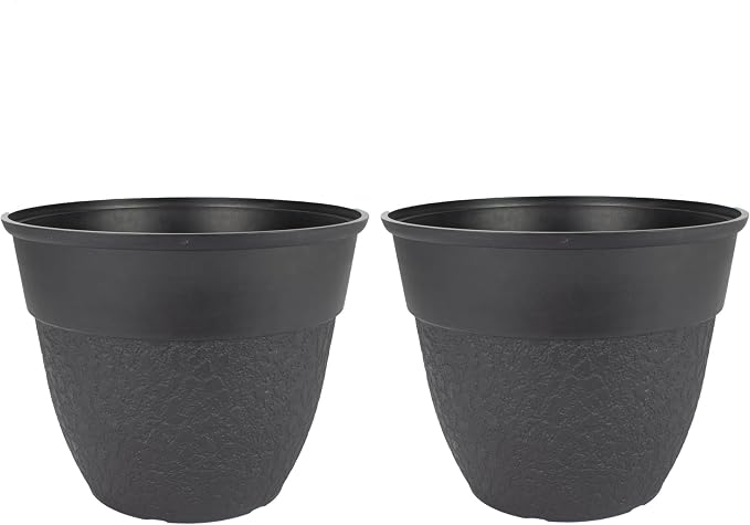 The HC Companies Brookhaven Decorative Round Planter - Lightweight Premium Resin Plant Pot with a Stonelike Texture for Indoor Outdoor Use (16 Inch Black, Pack of 2)