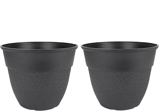 The HC Companies Brookhaven Decorative Round Planter - Lightweight Premium Resin Plant Pot with a Stonelike Texture for Indoor Outdoor Use (16 Inch Black, Pack of 2)
