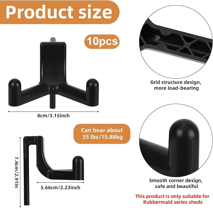 BOXOB 10pcs Shed Hooks for Rubbermaid Fasttrack, Multi Purpose Shed Organizer Plastic Power Tool Hangers Holder Accessories Organization & Storage for Garage Hanging Shovel Rake Sports Equipment