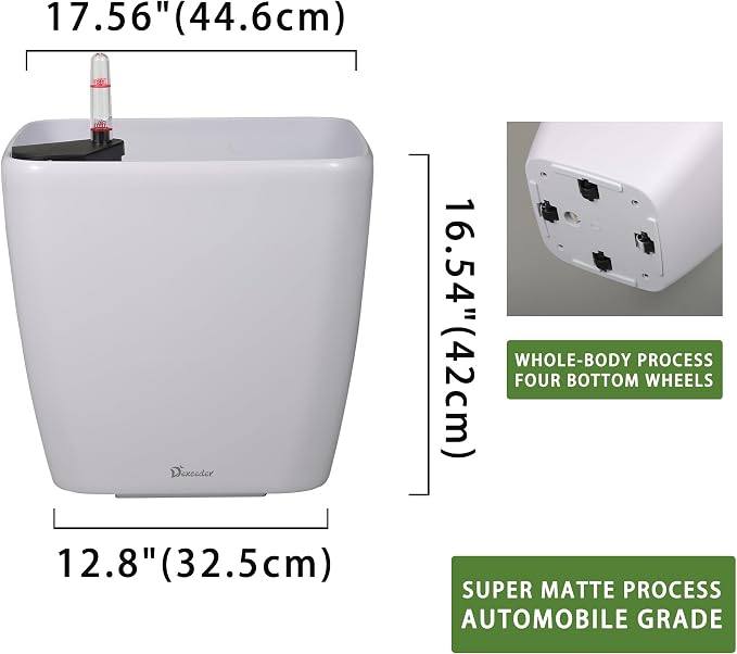 Dexceder 18x17 Self Watering Planter with Wheels (White Matte) | Inner Mat Design, Thickened Large Floor Standing Flower Plant Pot with Water Level Indicator Indoor Outdoor