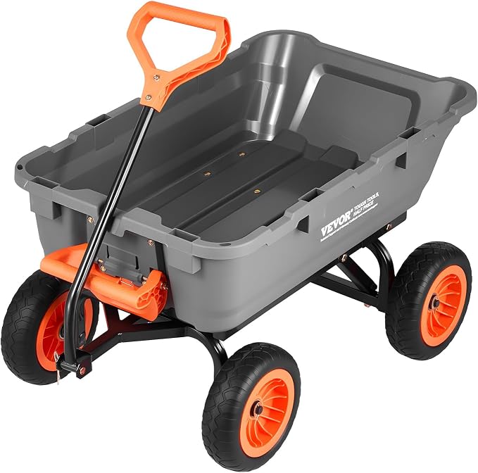 VEVOR 800LBS 7 CU.FT Poly Garden Cart Dump Wagon, Heavy Duty 4 Wheel Wheelbarrow with 10" Flat Free Tires, Yard Cart Dump Wagon with Removable Raised Sides and Quick-Release System