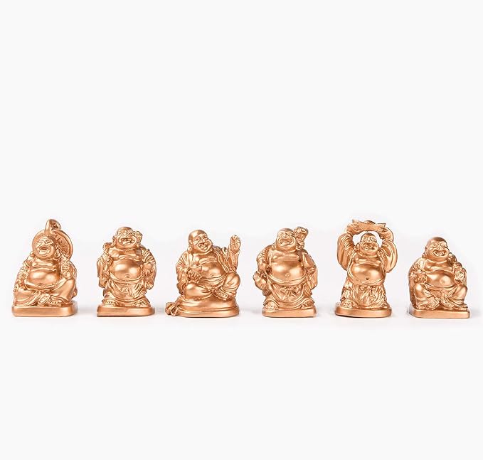 6Pcs 1'' Gold Resin Laughing Buddha Figurines, Tabletop Lucky Decor | Mini Maitreya Buddha Statue, Flower Pot Statue, Home Office Desk Decor, Fengshui Collection Gift Ornaments